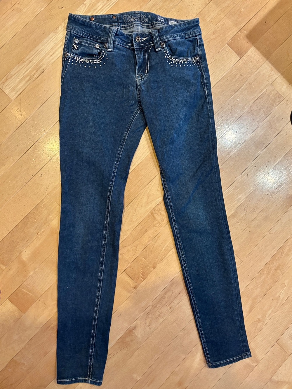 Miss Me Medium-Dark Blue Skinny Jeans with Rhinestone Trim - Picture 12 of 16